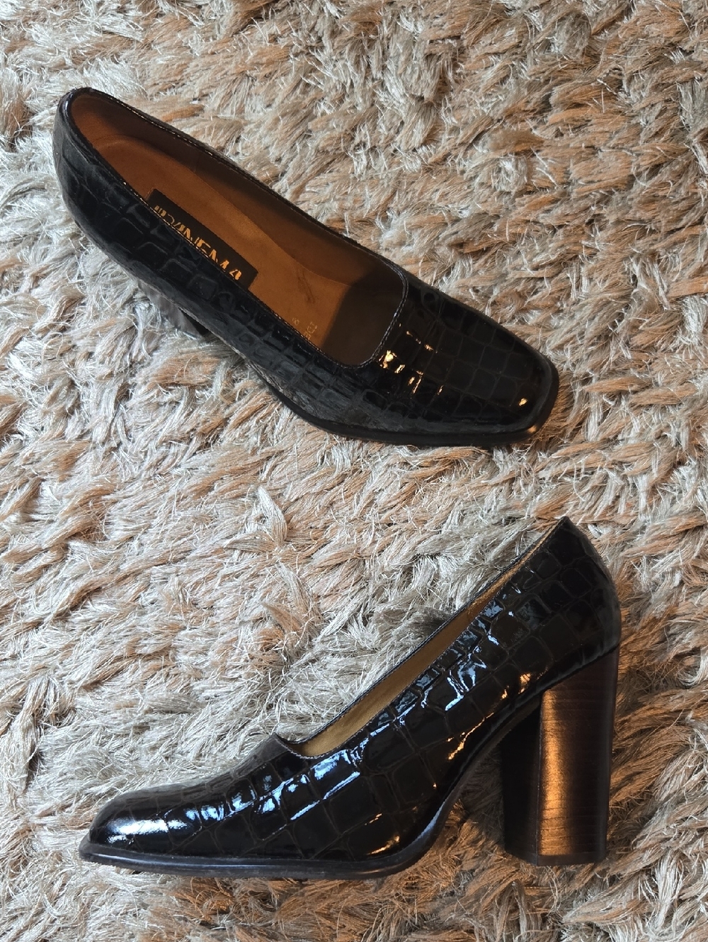 Vintage Ipanema Brown/Black Patent Leather Croc-Embossed Block Heel Pumps